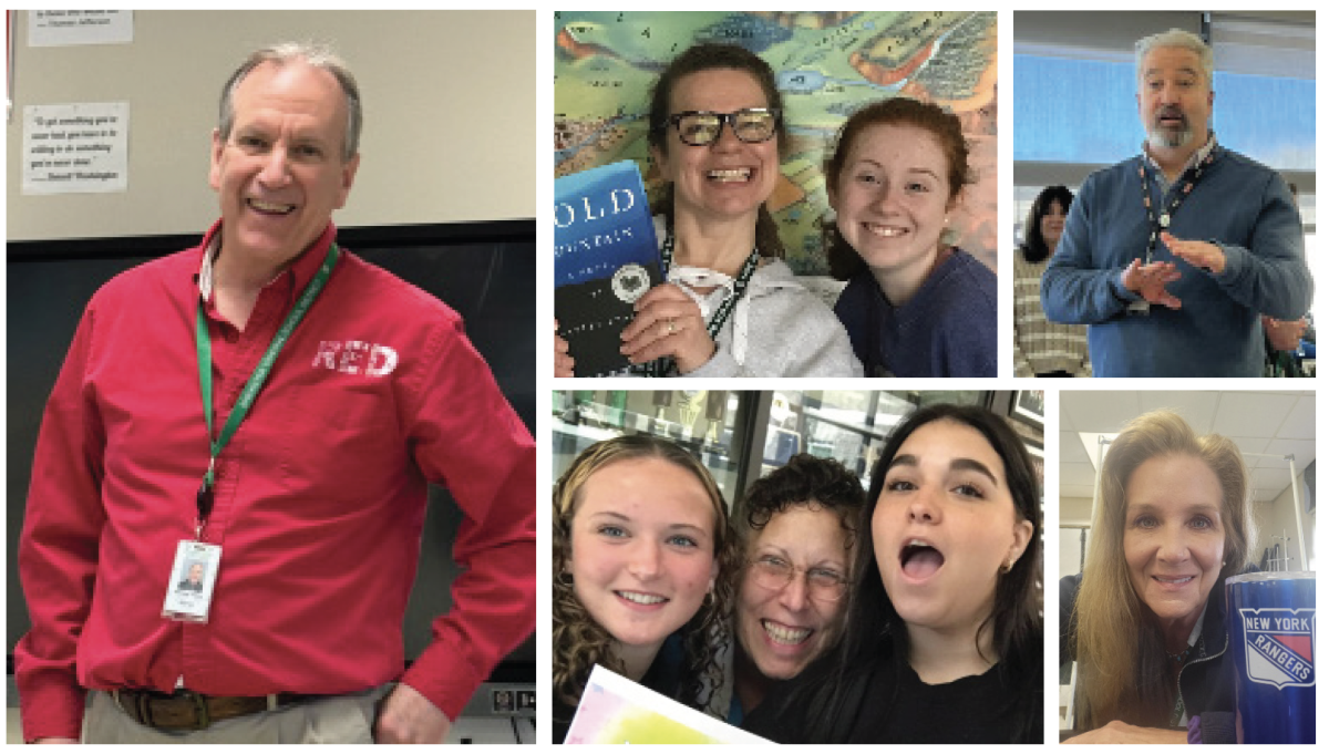 Clockwise starting left, Mr. Yurus teaches up a storm, Mrs. Fine loves reading, Mr. Tivnan clears up any and all
issues, Mrs. Acquisto loves her NY Rangers, and Mrs. Beadle gets flanked by students.